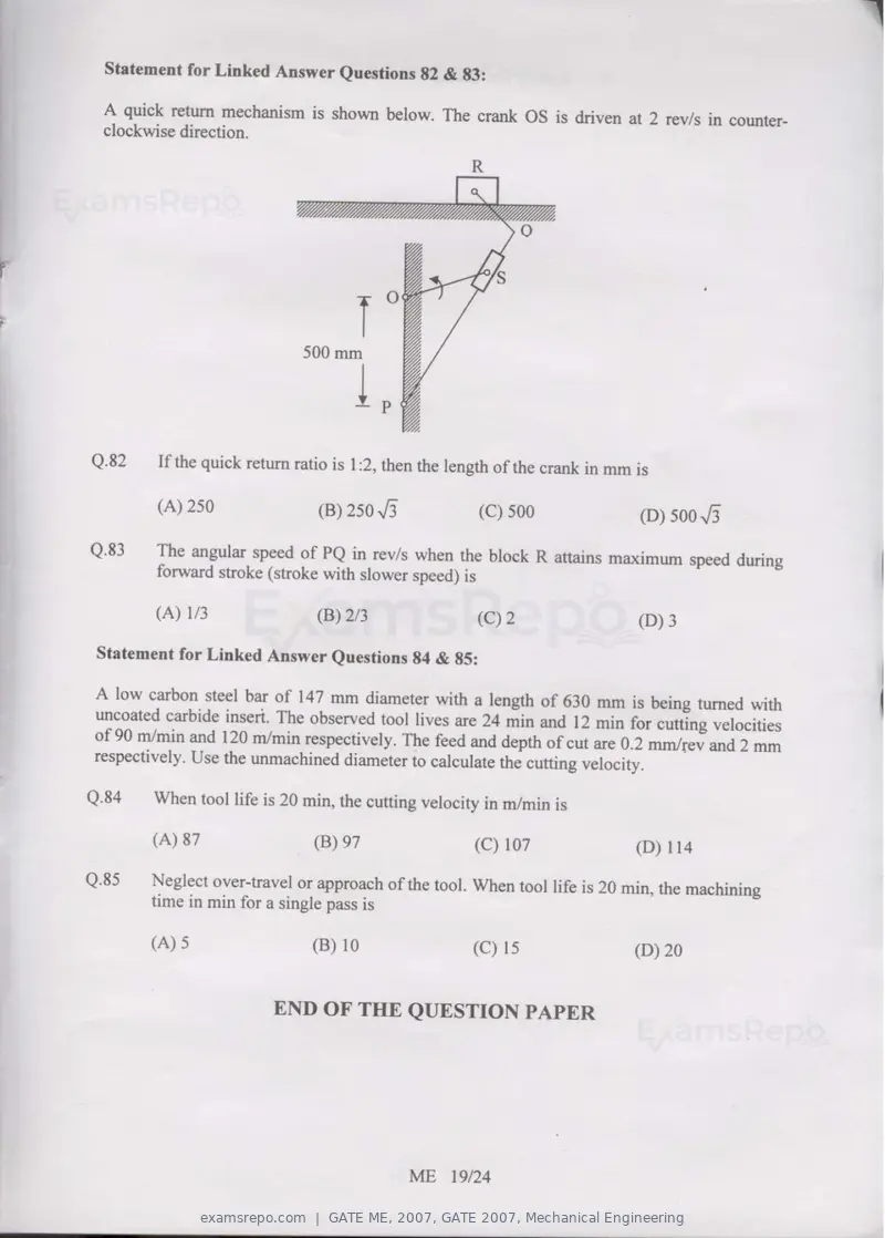 GATE ME 2007 question paper, GATE 2007, Mechanical Engineering, page 19 of 19