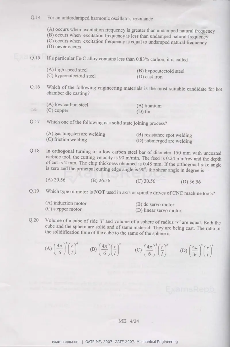 GATE ME 2007 question paper, GATE 2007, Mechanical Engineering, page 4 of 19