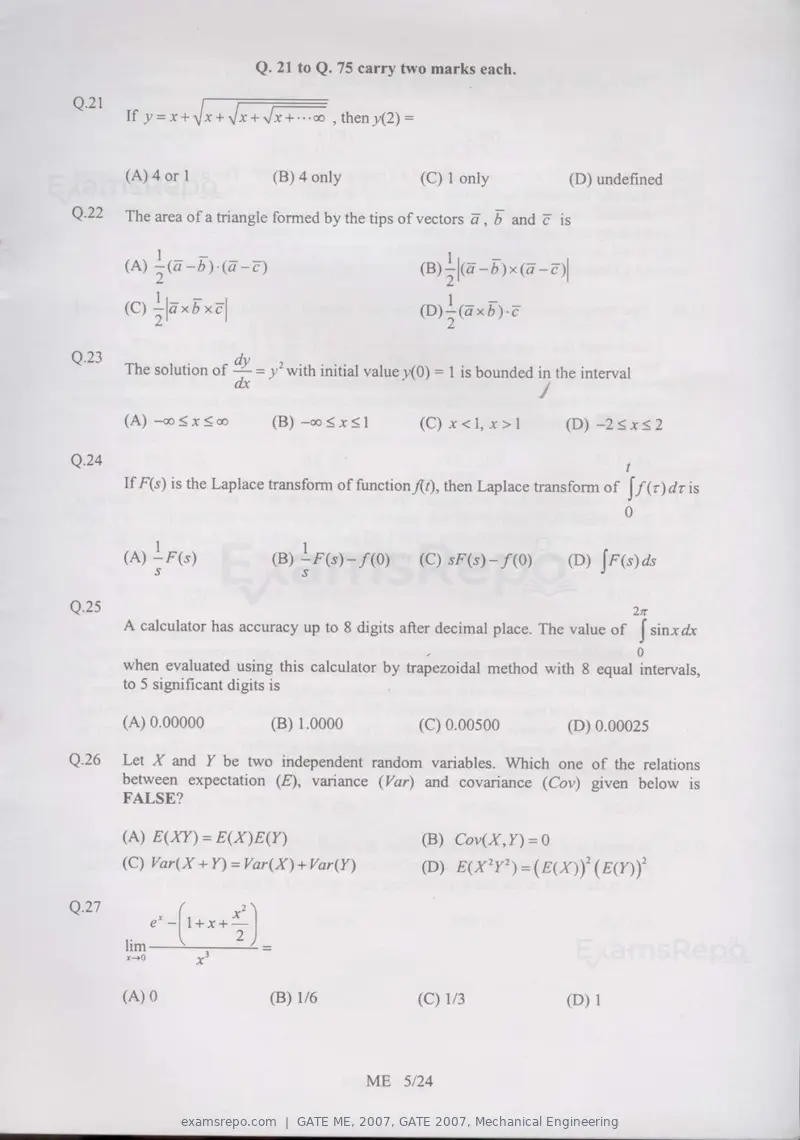 GATE ME 2007 question paper, GATE 2007, Mechanical Engineering, page 5 of 19