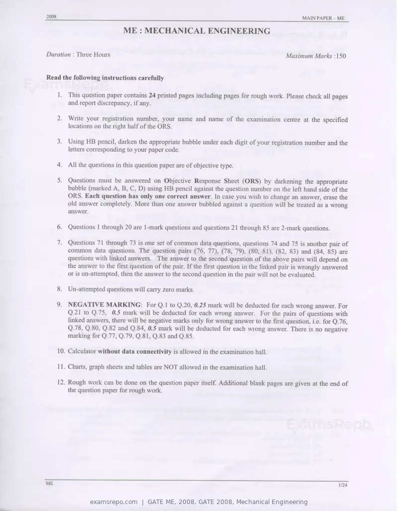 GATE ME 2008 question paper, GATE 2008, Mechanical Engineering, page 1 of 21
