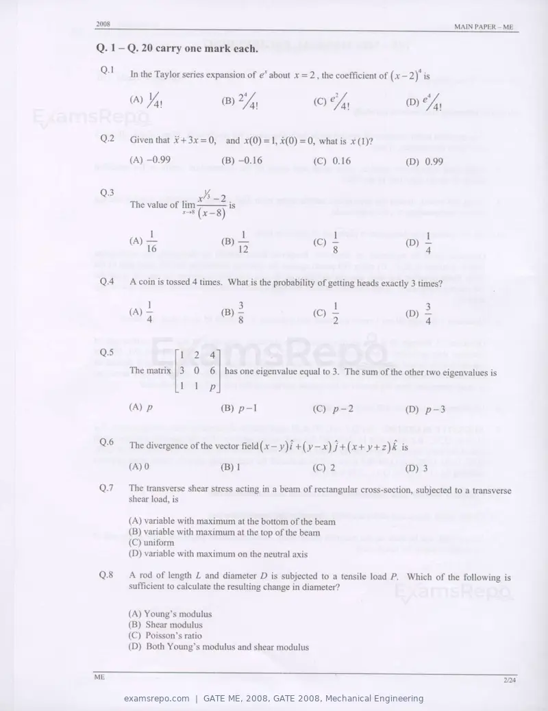 GATE ME 2008 question paper, GATE 2008, Mechanical Engineering, page 2 of 21
