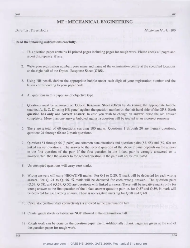 GATE ME 2009 question paper, GATE 2009, Mechanical Engineering, page 1 of 12
