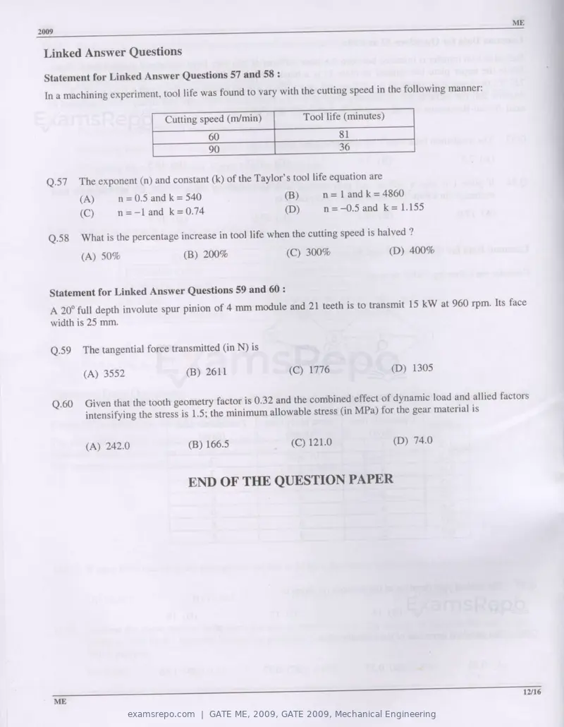 GATE ME 2009 question paper, GATE 2009, Mechanical Engineering, page 12 of 12