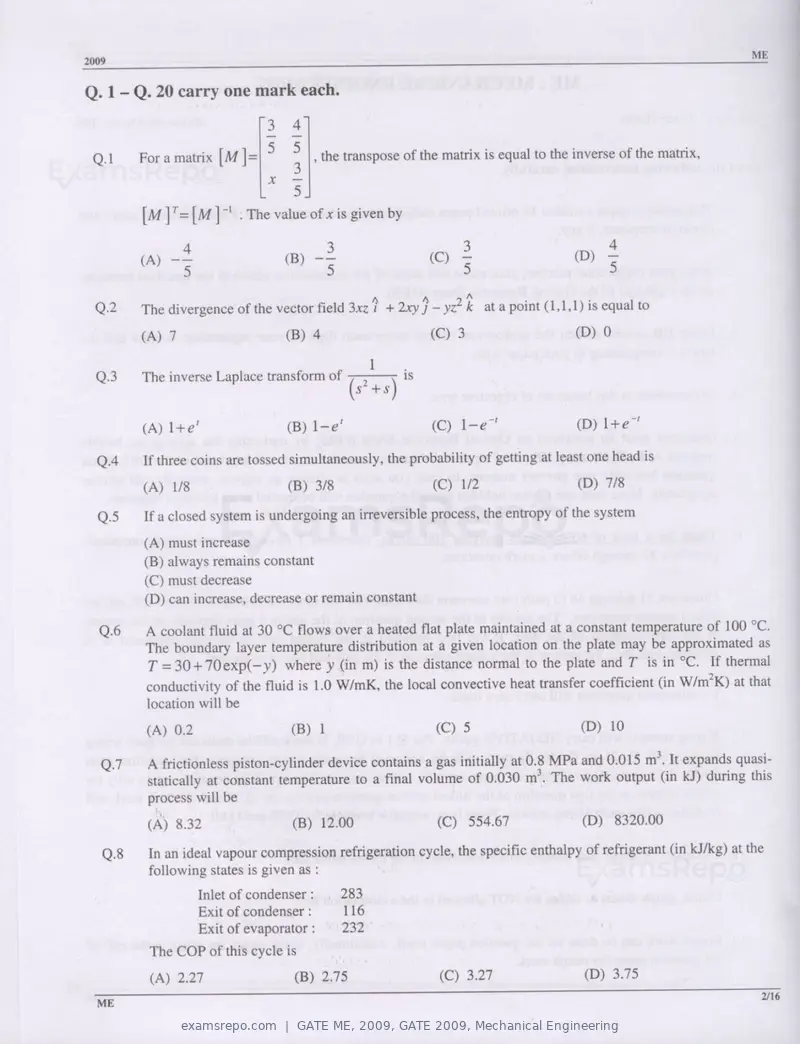 GATE ME 2009 question paper, GATE 2009, Mechanical Engineering, page 2 of 12