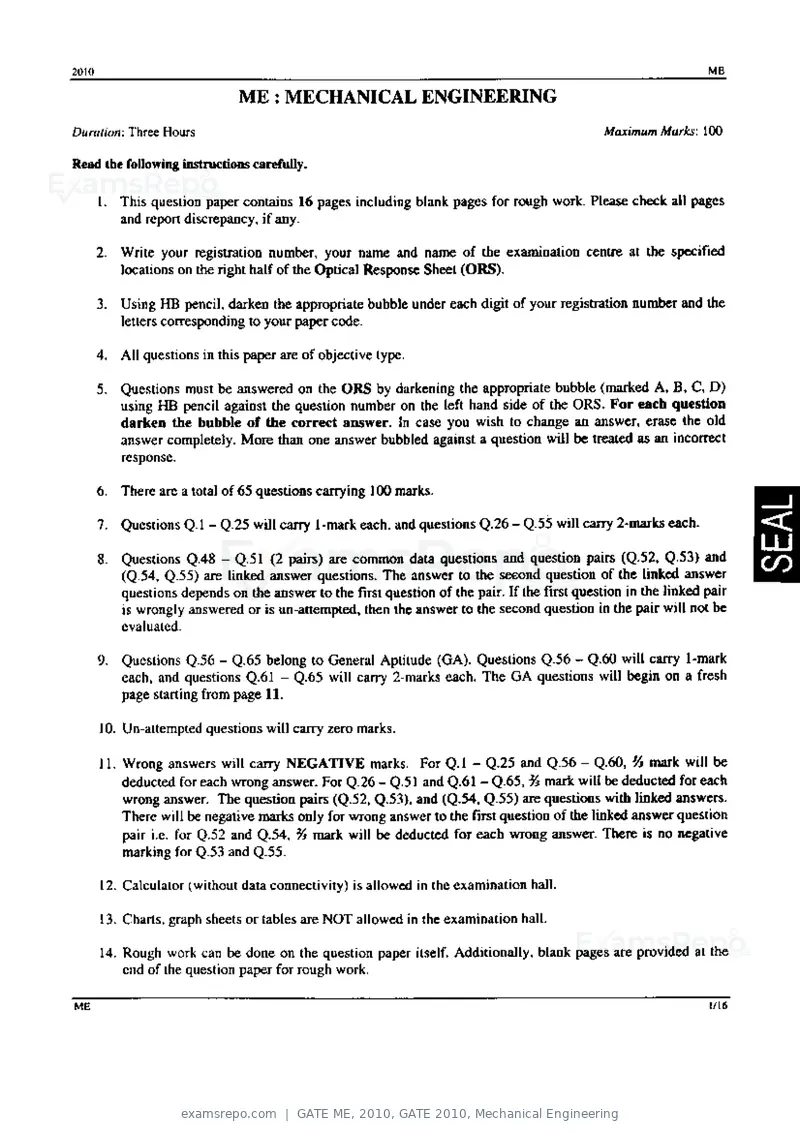 GATE ME 2010 question paper, GATE 2010, Mechanical Engineering, page 1 of 16