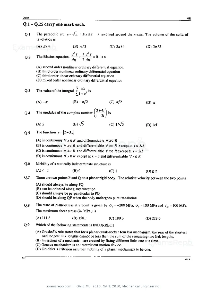 GATE ME 2010 question paper, GATE 2010, Mechanical Engineering, page 2 of 16