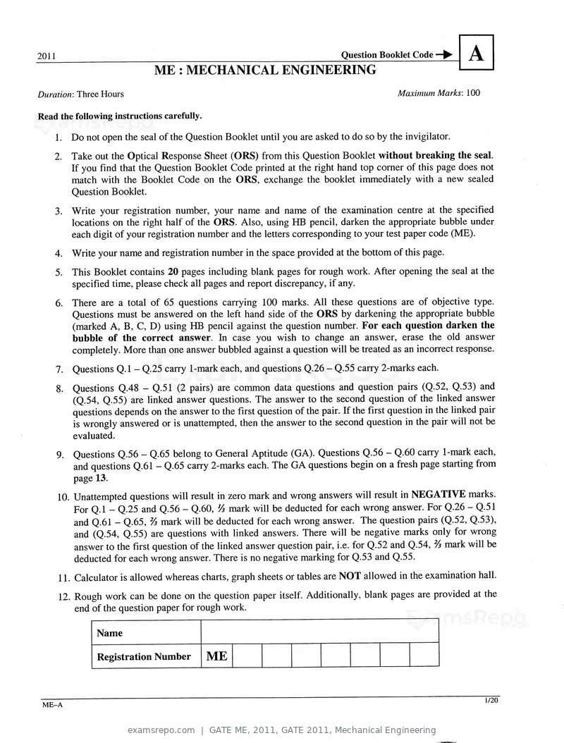 GATE ME 2011 question paper, GATE 2011, Mechanical Engineering, page 1 of 14