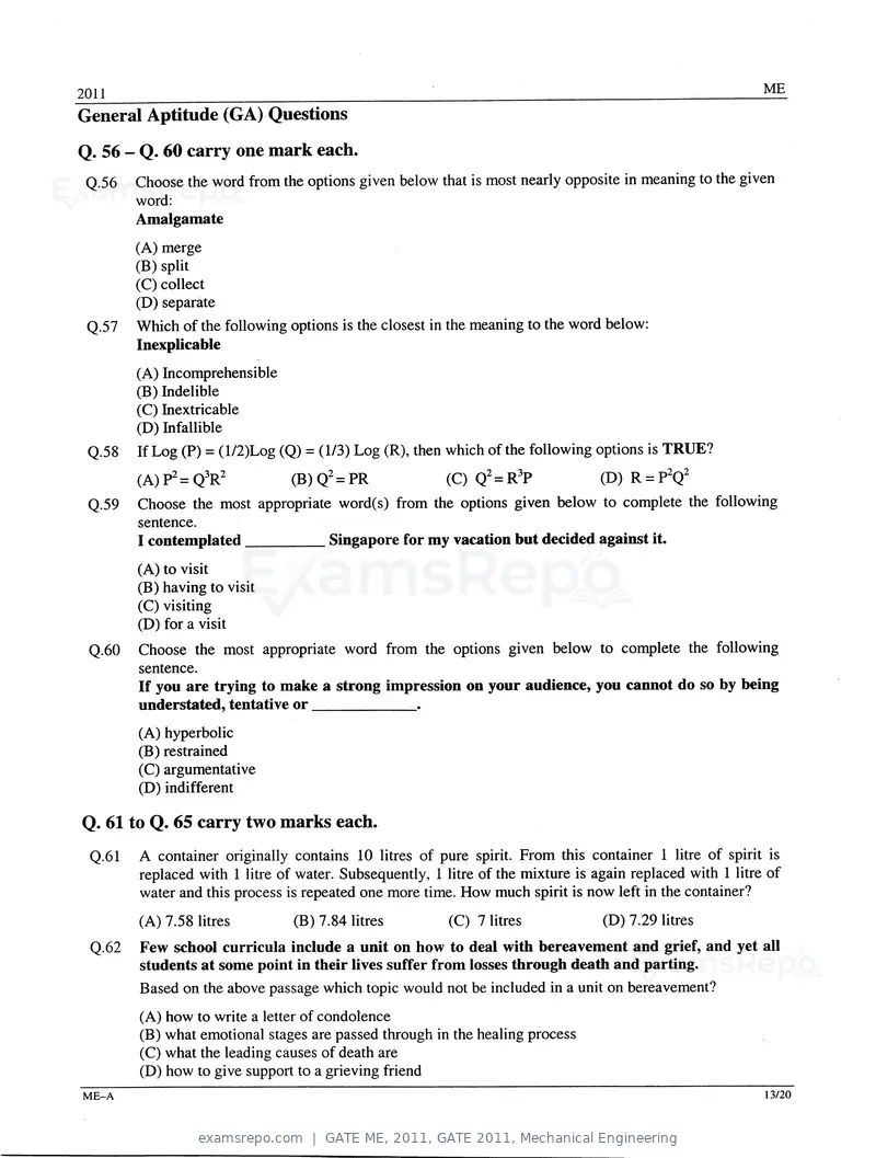 GATE ME 2011 question paper, GATE 2011, Mechanical Engineering, page 13 of 14