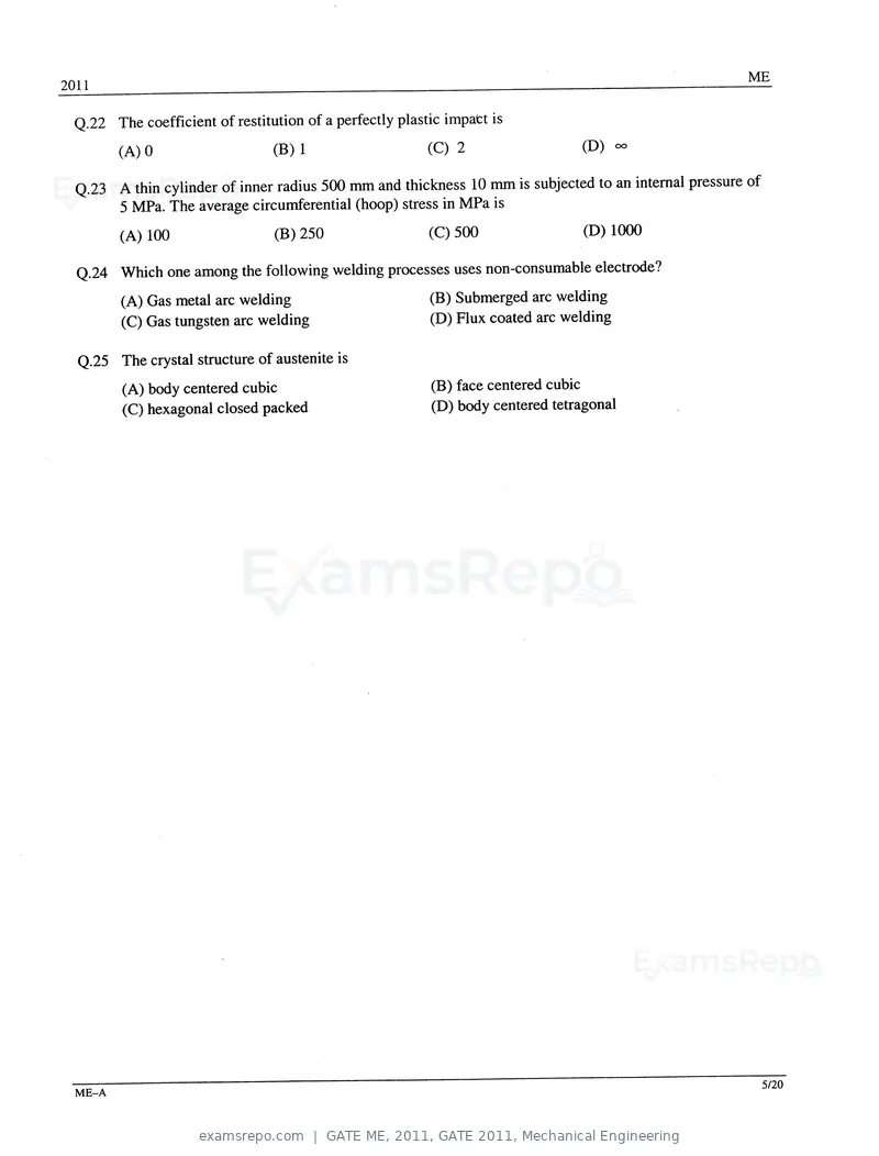 GATE ME 2011 question paper, GATE 2011, Mechanical Engineering, page 5 of 14