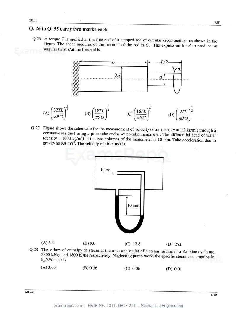 GATE ME 2011 question paper, GATE 2011, Mechanical Engineering, page 6 of 14