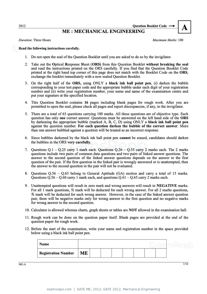 GATE ME 2012 question paper, GATE 2012, Mechanical Engineering, page 1 of 15