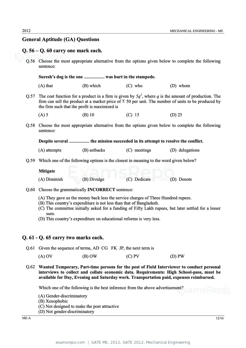 GATE ME 2012 question paper, GATE 2012, Mechanical Engineering, page 12 of 15