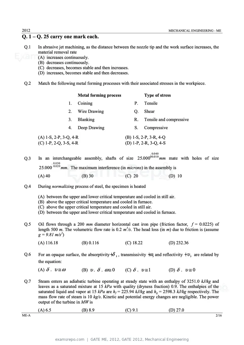 GATE ME 2012 question paper, GATE 2012, Mechanical Engineering, page 2 of 15
