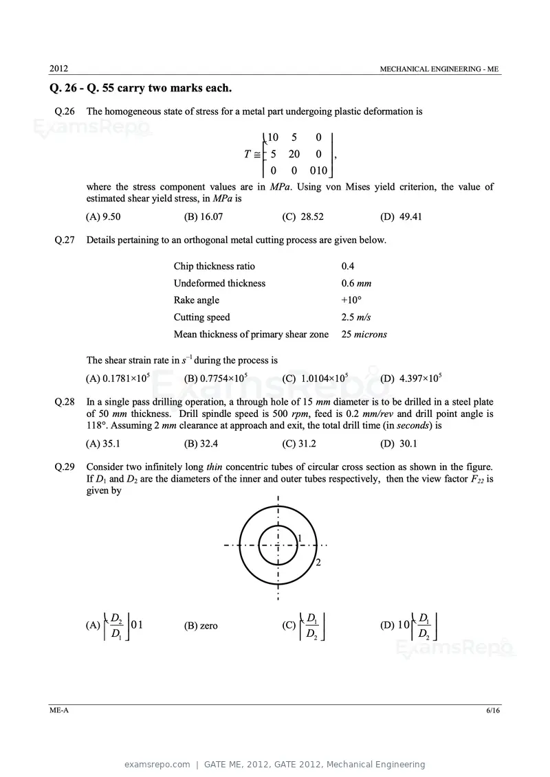 GATE ME 2012 question paper, GATE 2012, Mechanical Engineering, page 6 of 15