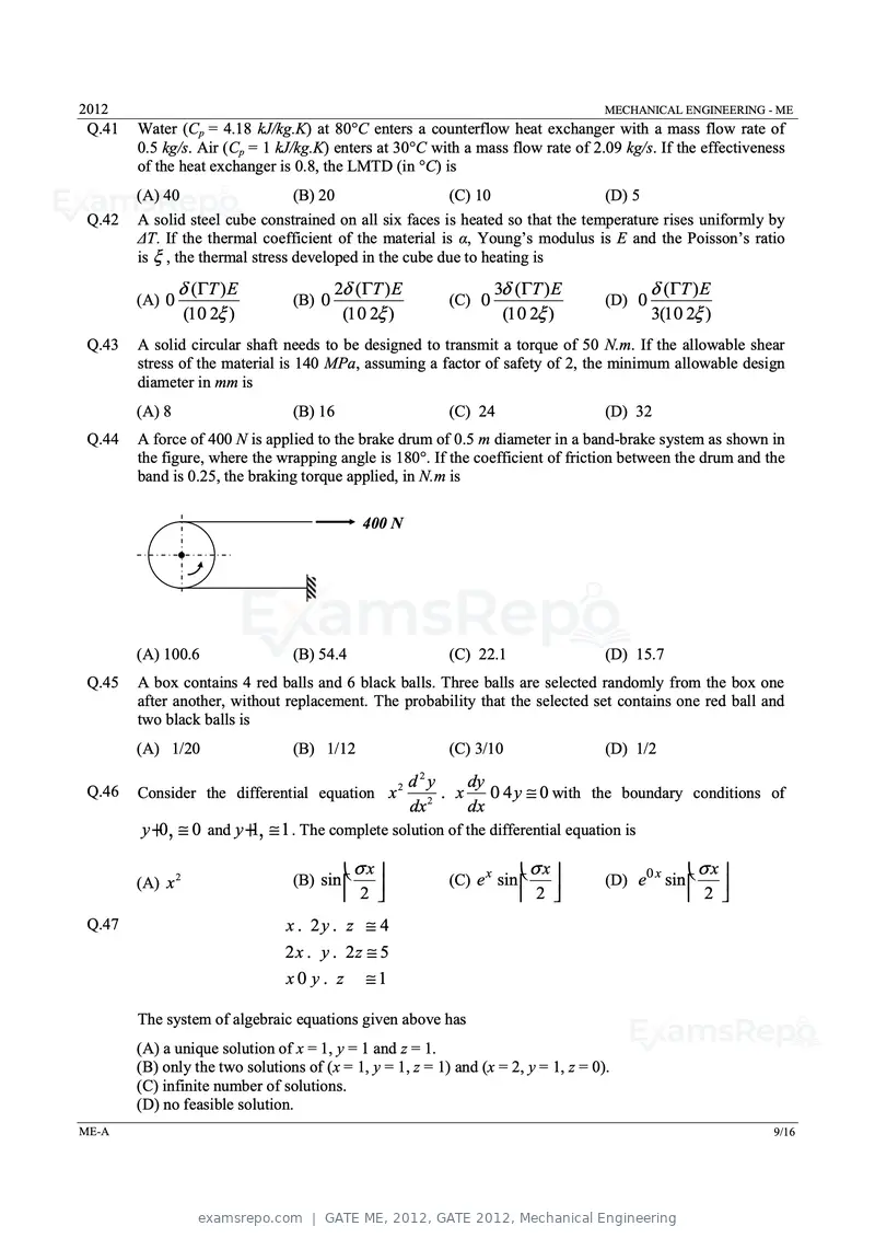 GATE ME 2012 question paper, GATE 2012, Mechanical Engineering, page 9 of 15