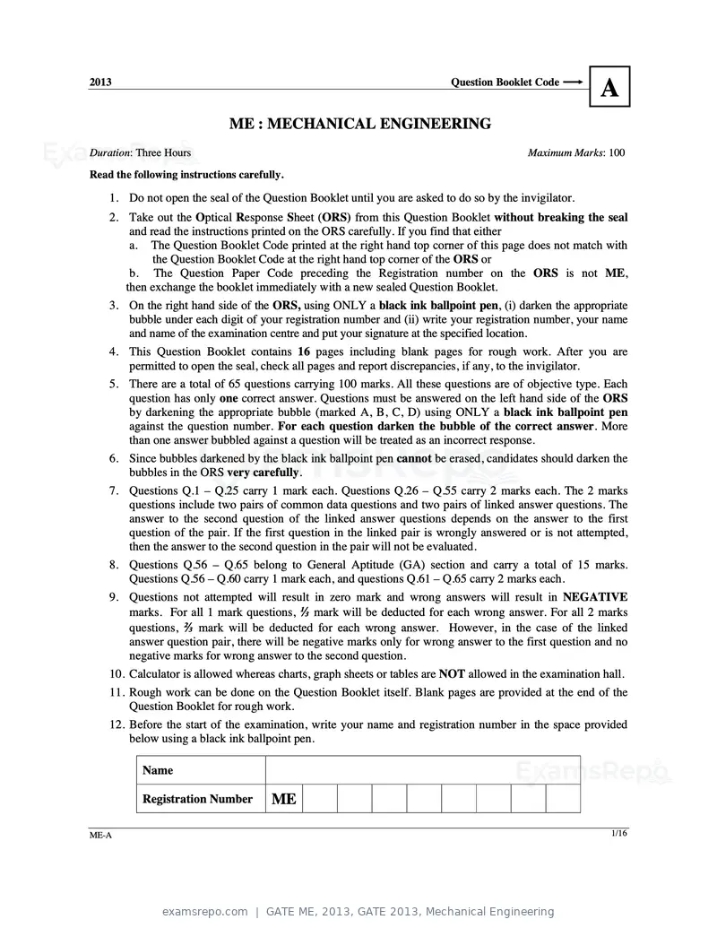 GATE ME 2013 question paper, GATE 2013, Mechanical Engineering, page 2 of 56