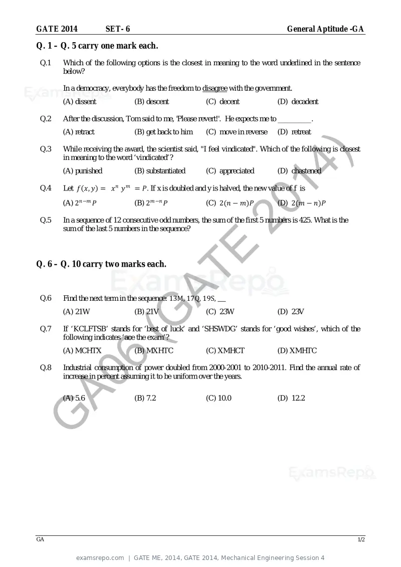 GATE ME 2014 question paper, GATE 2014, Mechanical Engineering Session 4, page 64 of 75