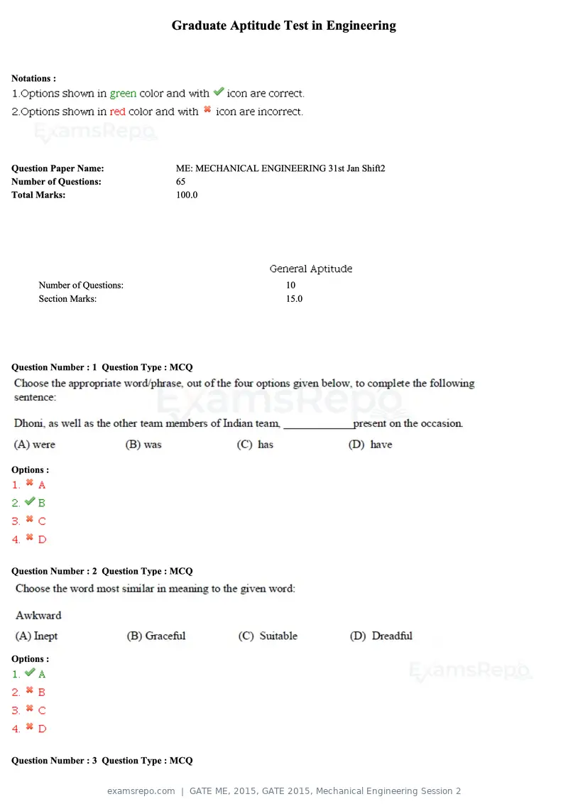 GATE ME 2015 question paper, GATE 2015, Mechanical Engineering Session 2, page 2 of 70