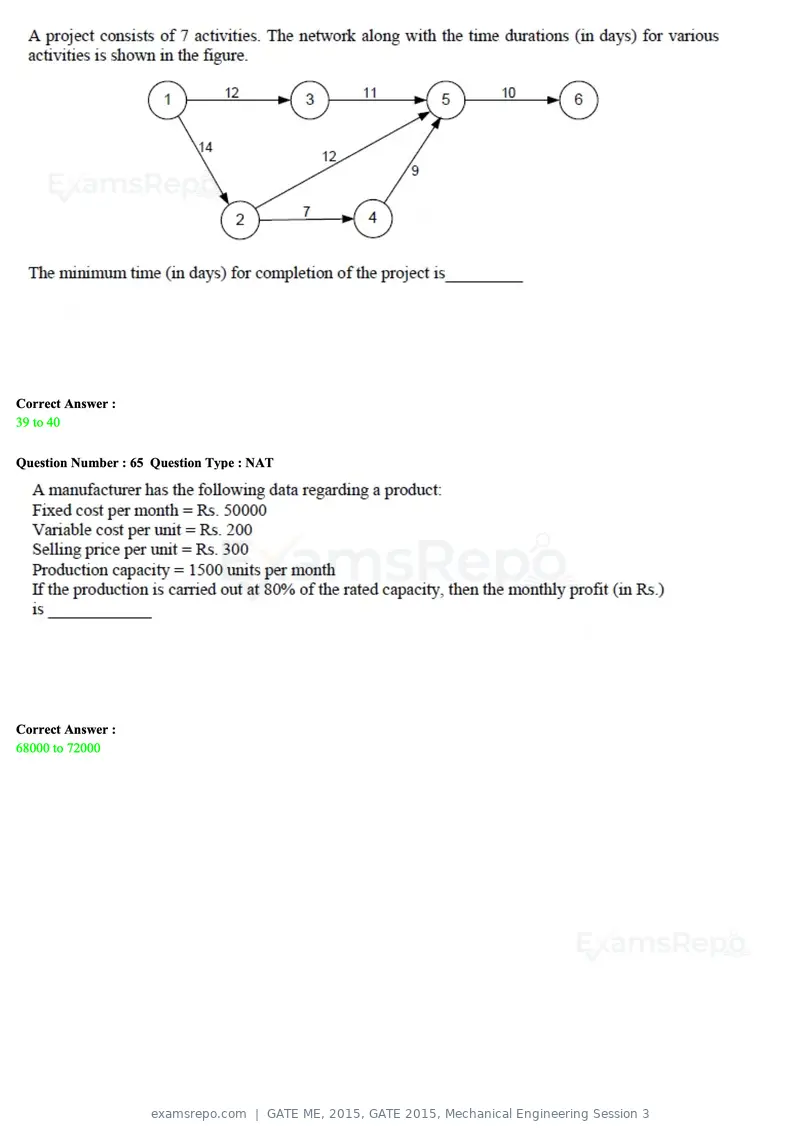 GATE ME 2015 question paper, GATE 2015, Mechanical Engineering Session 3, page 46 of 70
