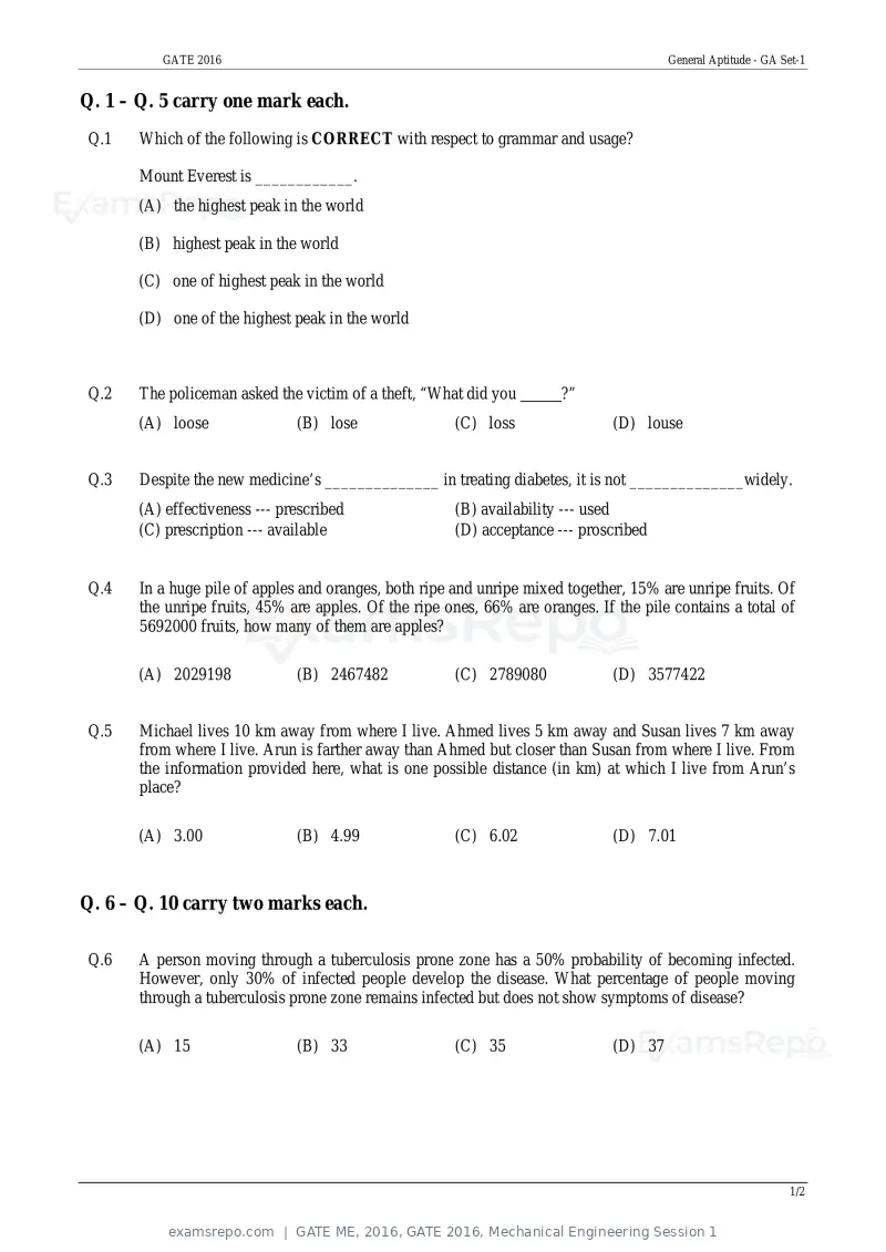 GATE ME 2016 question paper, GATE 2016, Mechanical Engineering Session 1, page 1 of 52