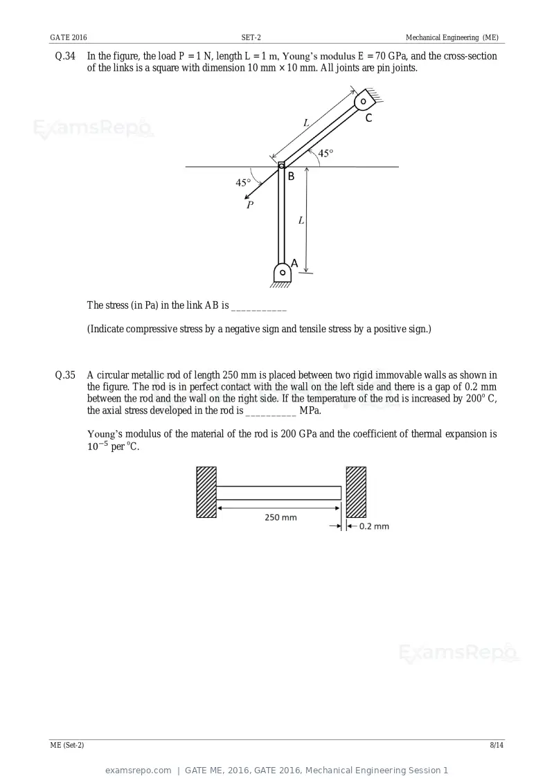 GATE ME 2016 question paper, GATE 2016, Mechanical Engineering Session 1, page 26 of 52