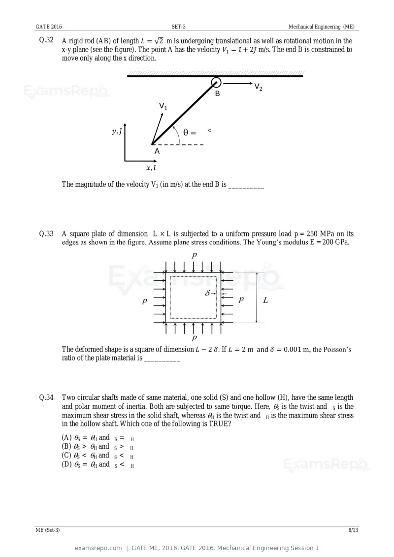 GATE ME 2016 question paper, GATE 2016, Mechanical Engineering Session 1, page 45 of 52