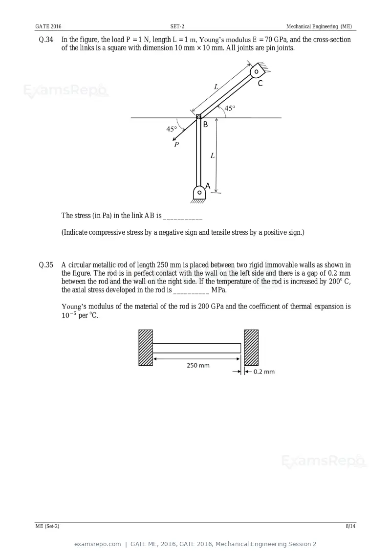 GATE ME 2016 question paper, GATE 2016, Mechanical Engineering Session 2, page 26 of 52