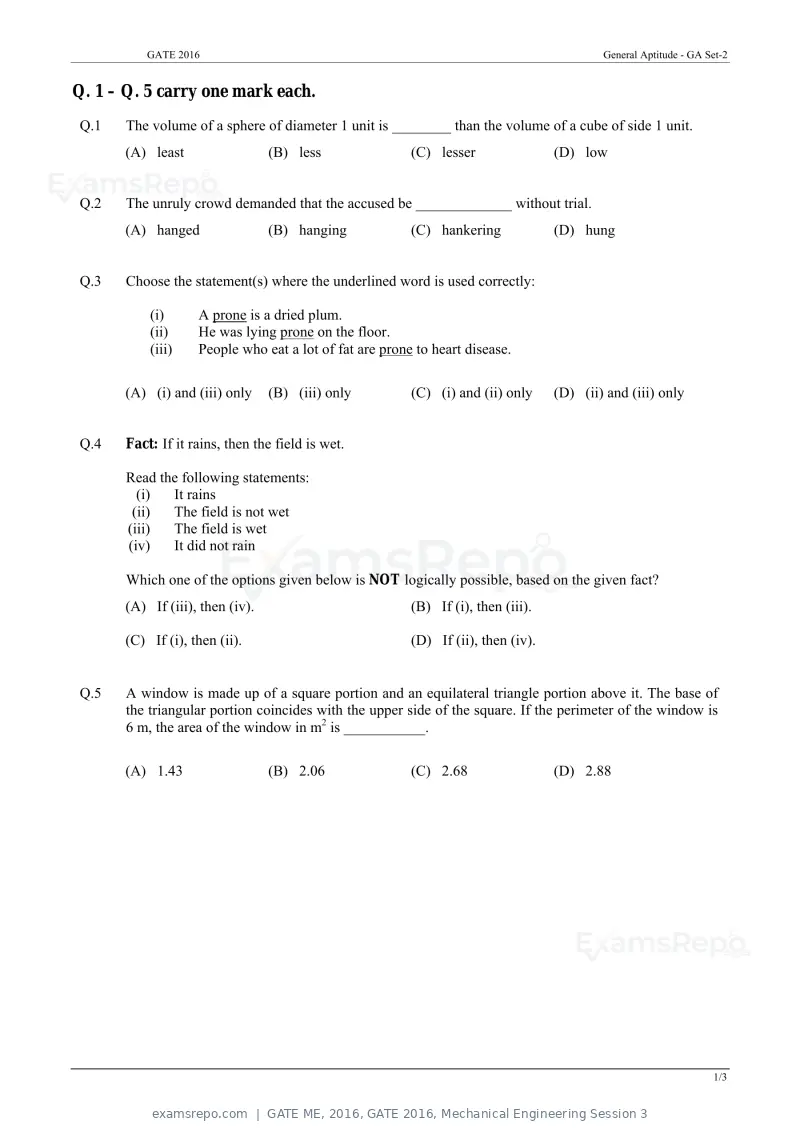 GATE ME 2016 question paper, GATE 2016, Mechanical Engineering Session 3, page 16 of 52