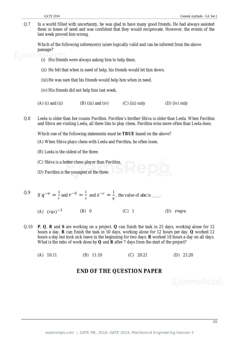 GATE ME 2016 question paper, GATE 2016, Mechanical Engineering Session 3, page 2 of 52