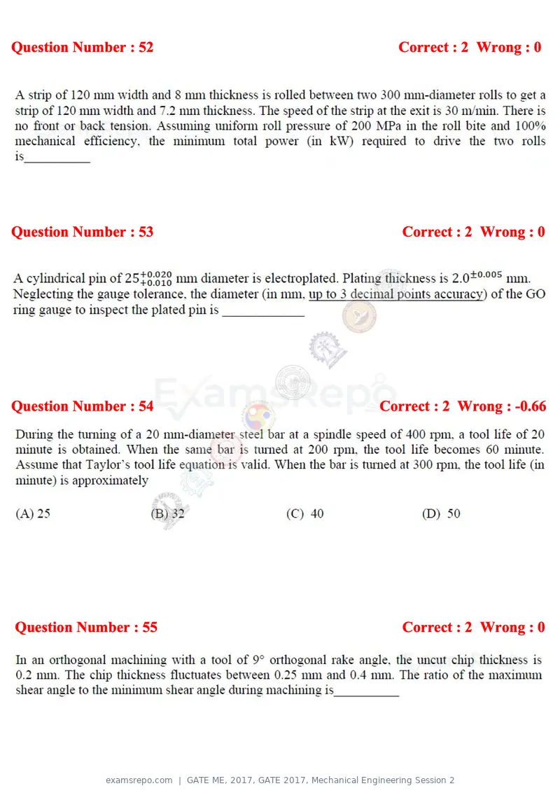 GATE ME 2017 question paper, GATE 2017, Mechanical Engineering Session 2, page 16 of 21