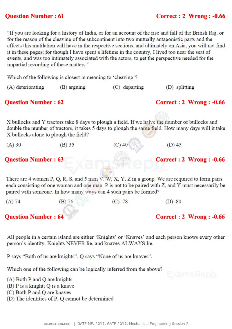 GATE ME 2017 question paper, GATE 2017, Mechanical Engineering Session 2, page 18 of 21