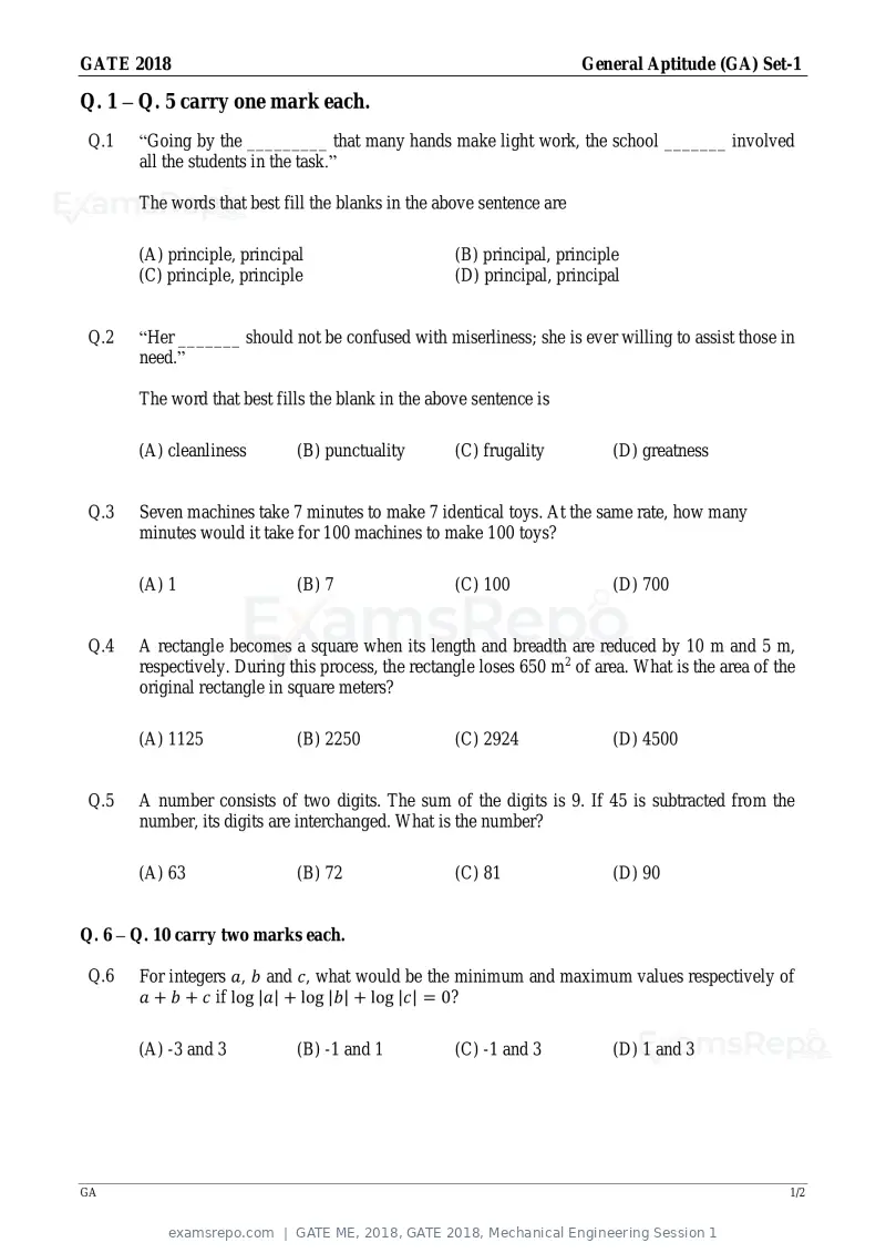 GATE ME 2018 question paper, GATE 2018, Mechanical Engineering Session 1, page 1 of 20