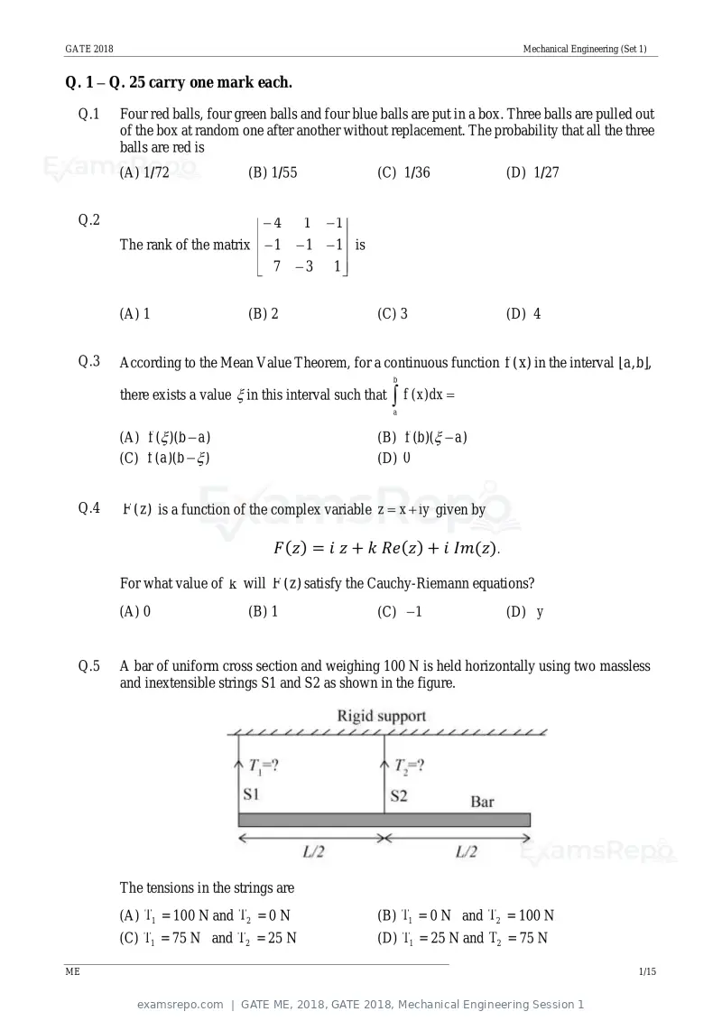 GATE ME 2018 question paper, GATE 2018, Mechanical Engineering Session 1, page 3 of 20