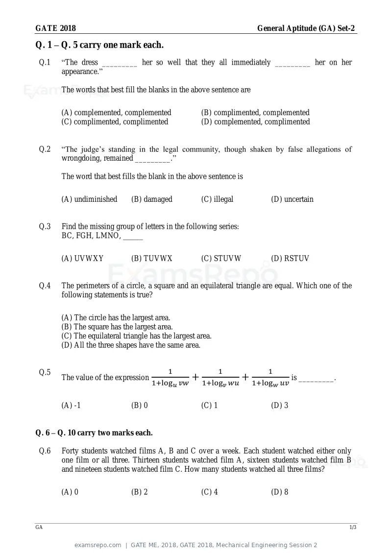 GATE ME 2018 question paper, GATE 2018, Mechanical Engineering Session 2, page 1 of 21