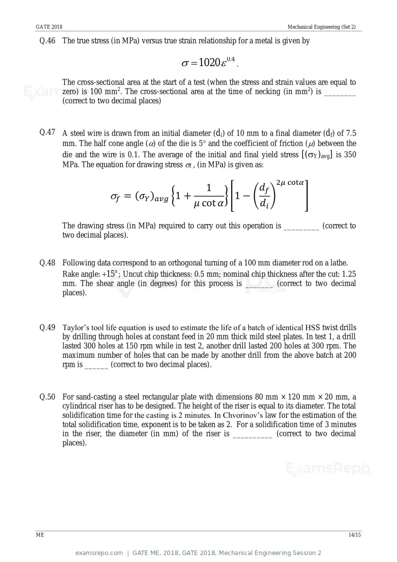 GATE ME 2018 question paper, GATE 2018, Mechanical Engineering Session 2, page 17 of 21