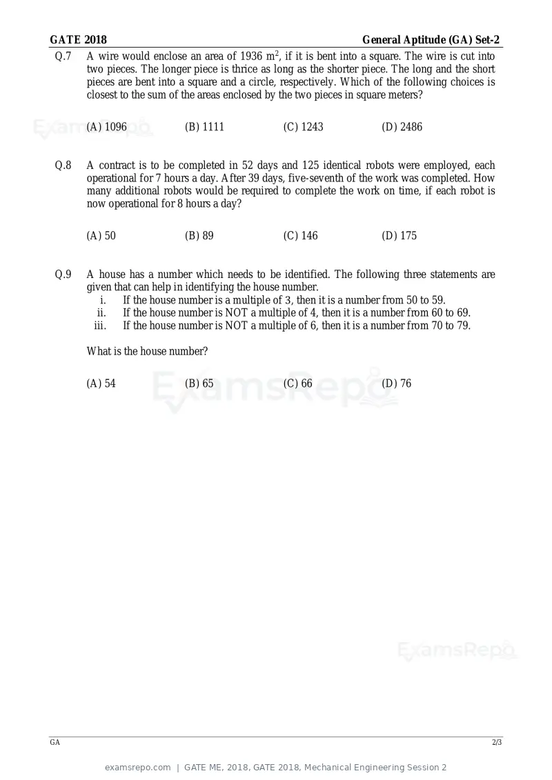 GATE ME 2018 question paper, GATE 2018, Mechanical Engineering Session 2, page 2 of 21