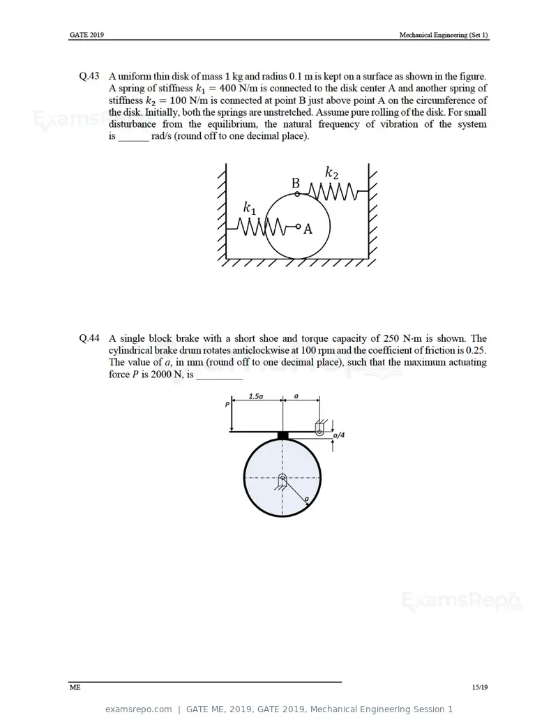 GATE ME 2019 question paper, GATE 2019, Mechanical Engineering Session 1, page 19 of 52
