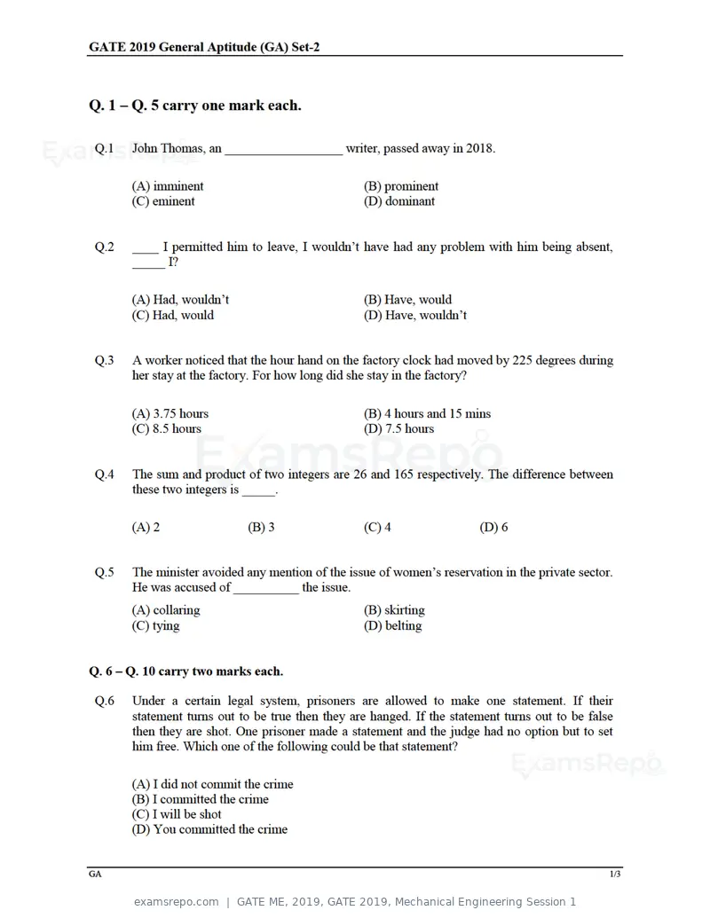 GATE ME 2019 question paper, GATE 2019, Mechanical Engineering Session 1, page 2 of 52