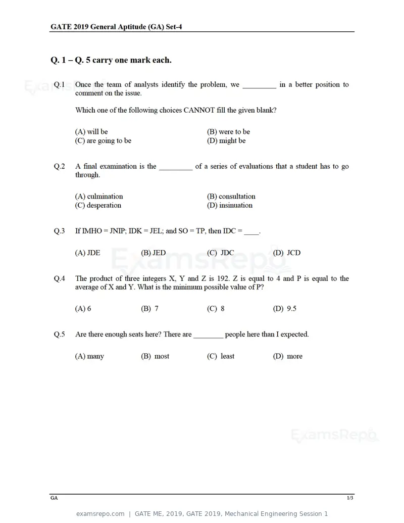 GATE ME 2019 question paper, GATE 2019, Mechanical Engineering Session 1, page 28 of 52