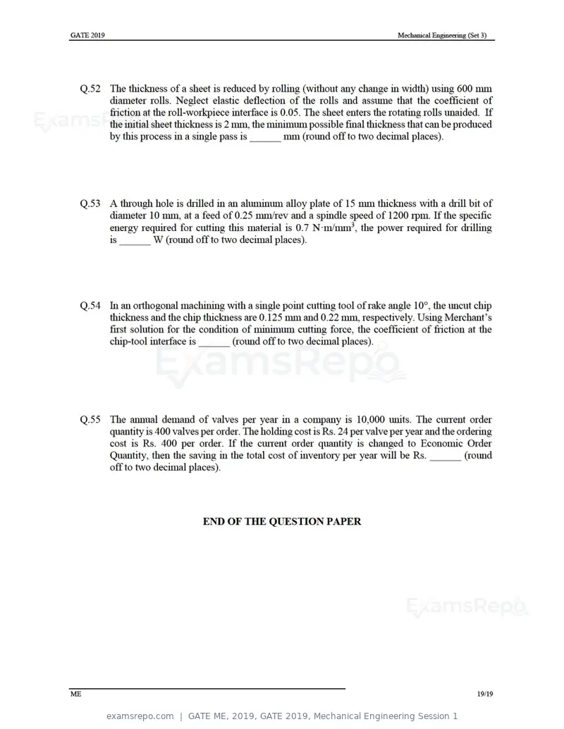 GATE ME 2019 question paper, GATE 2019, Mechanical Engineering Session 1, page 49 of 52