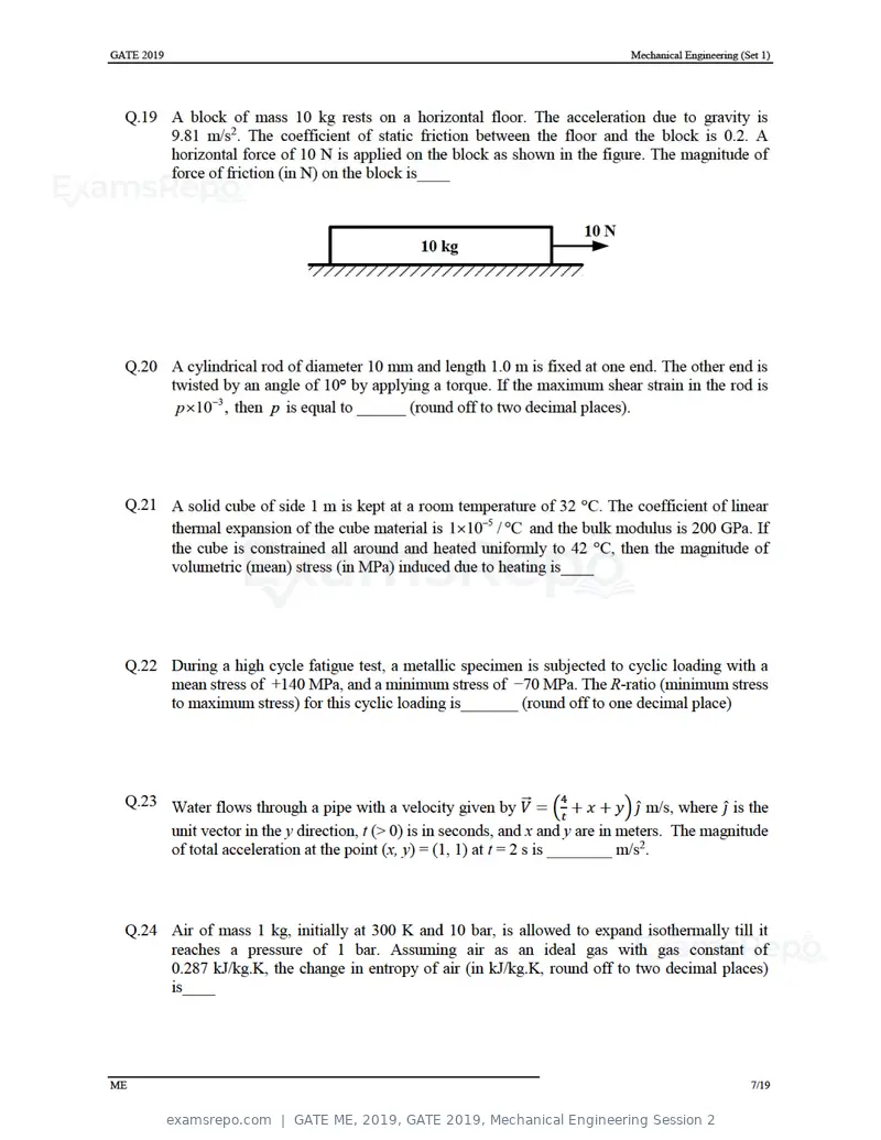 GATE ME 2019 question paper, GATE 2019, Mechanical Engineering Session 2, page 11 of 52