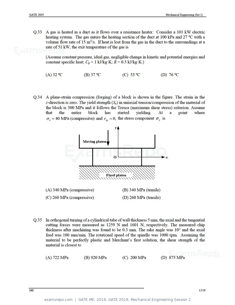 GATE ME 2019 question paper, GATE 2019, Mechanical Engineering Session 2, page 16 of 52