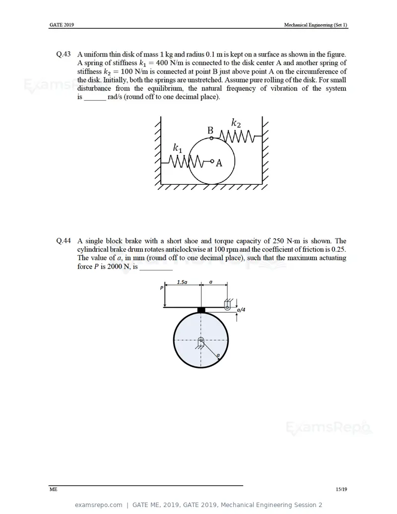 GATE ME 2019 question paper, GATE 2019, Mechanical Engineering Session 2, page 19 of 52
