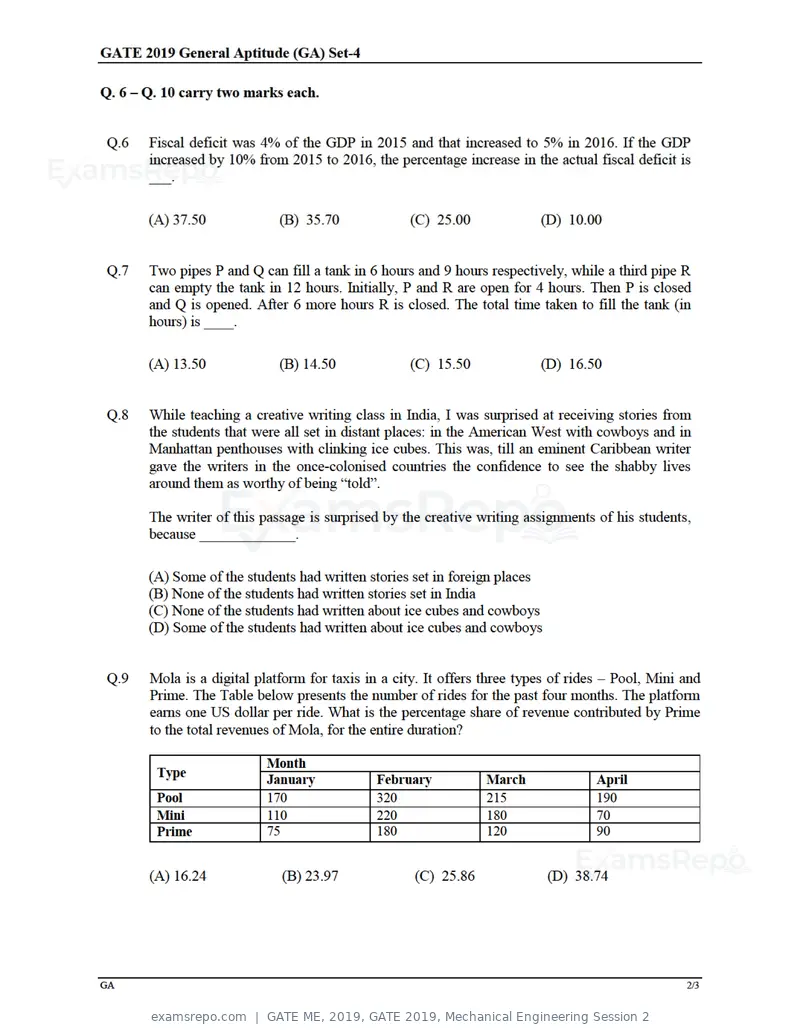 GATE ME 2019 question paper, GATE 2019, Mechanical Engineering Session 2, page 29 of 52