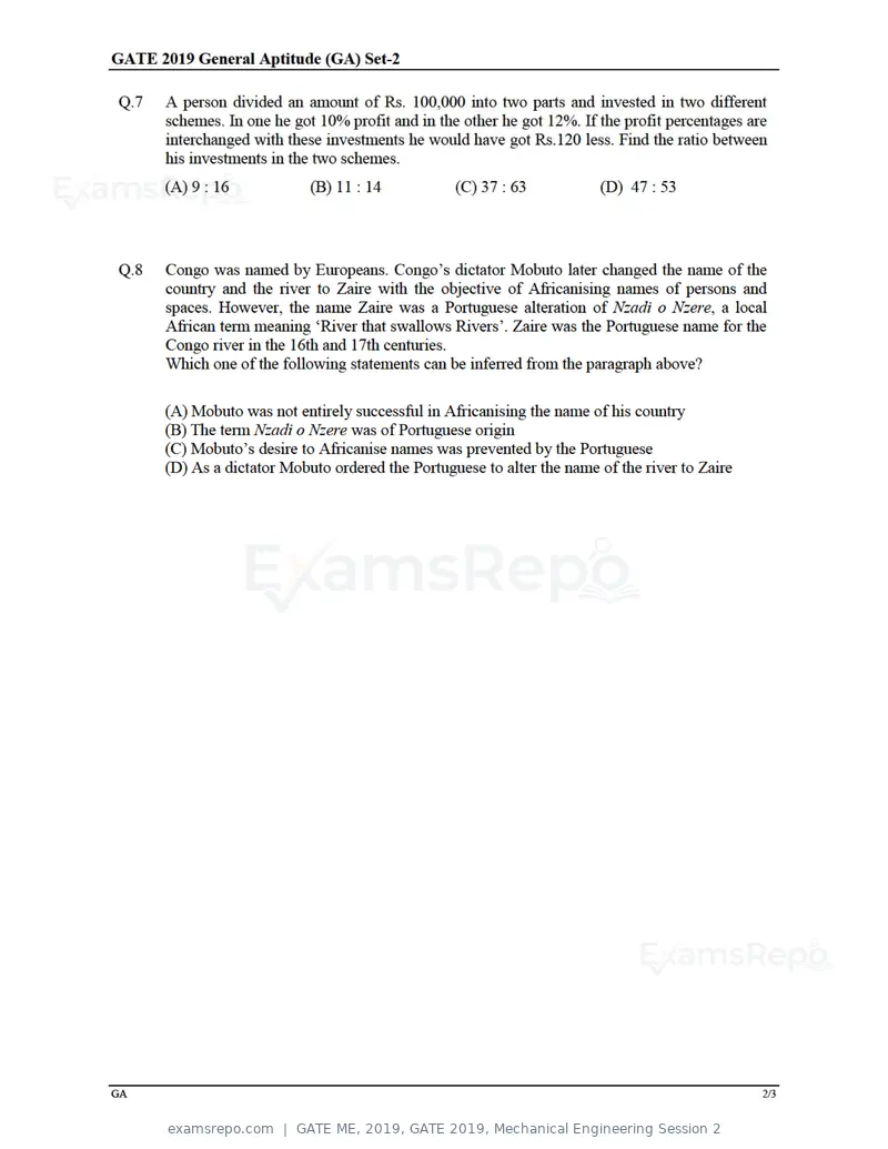 GATE ME 2019 question paper, GATE 2019, Mechanical Engineering Session 2, page 3 of 52
