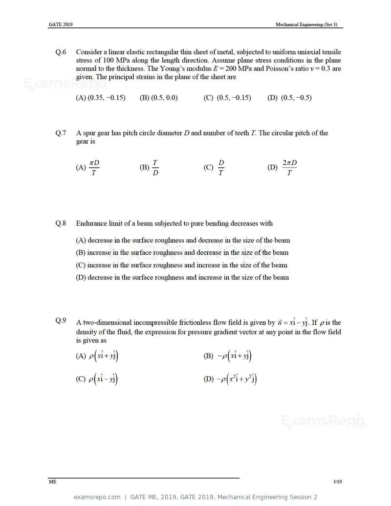 GATE ME 2019 question paper, GATE 2019, Mechanical Engineering Session 2, page 33 of 52