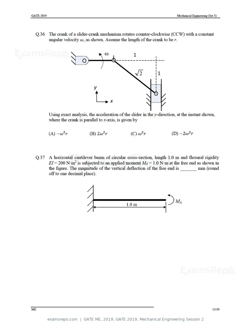 GATE ME 2019 question paper, GATE 2019, Mechanical Engineering Session 2, page 43 of 52