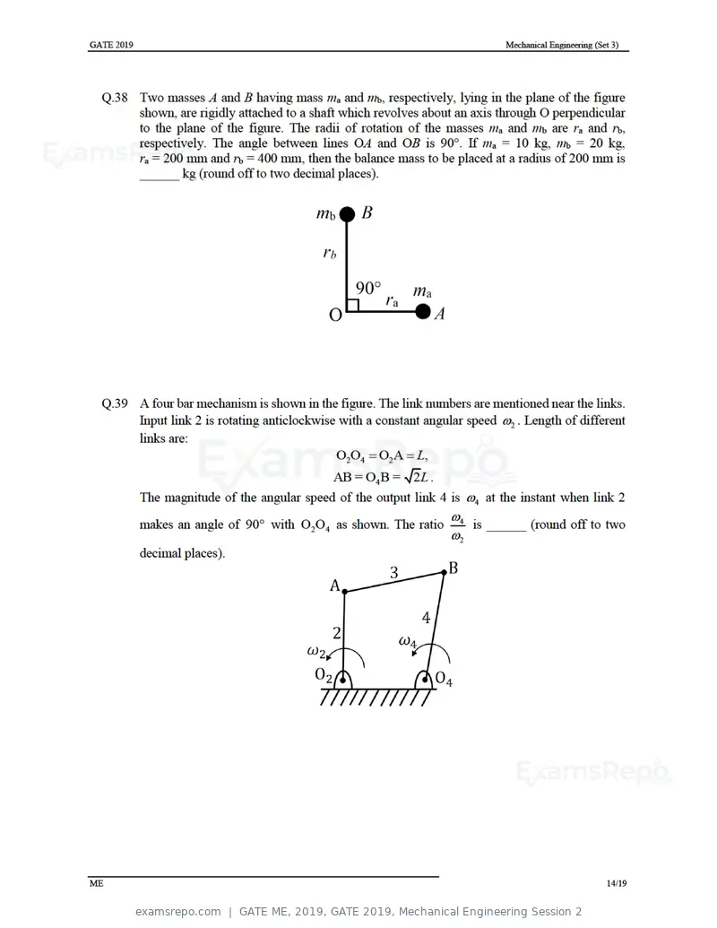 GATE ME 2019 question paper, GATE 2019, Mechanical Engineering Session 2, page 44 of 52