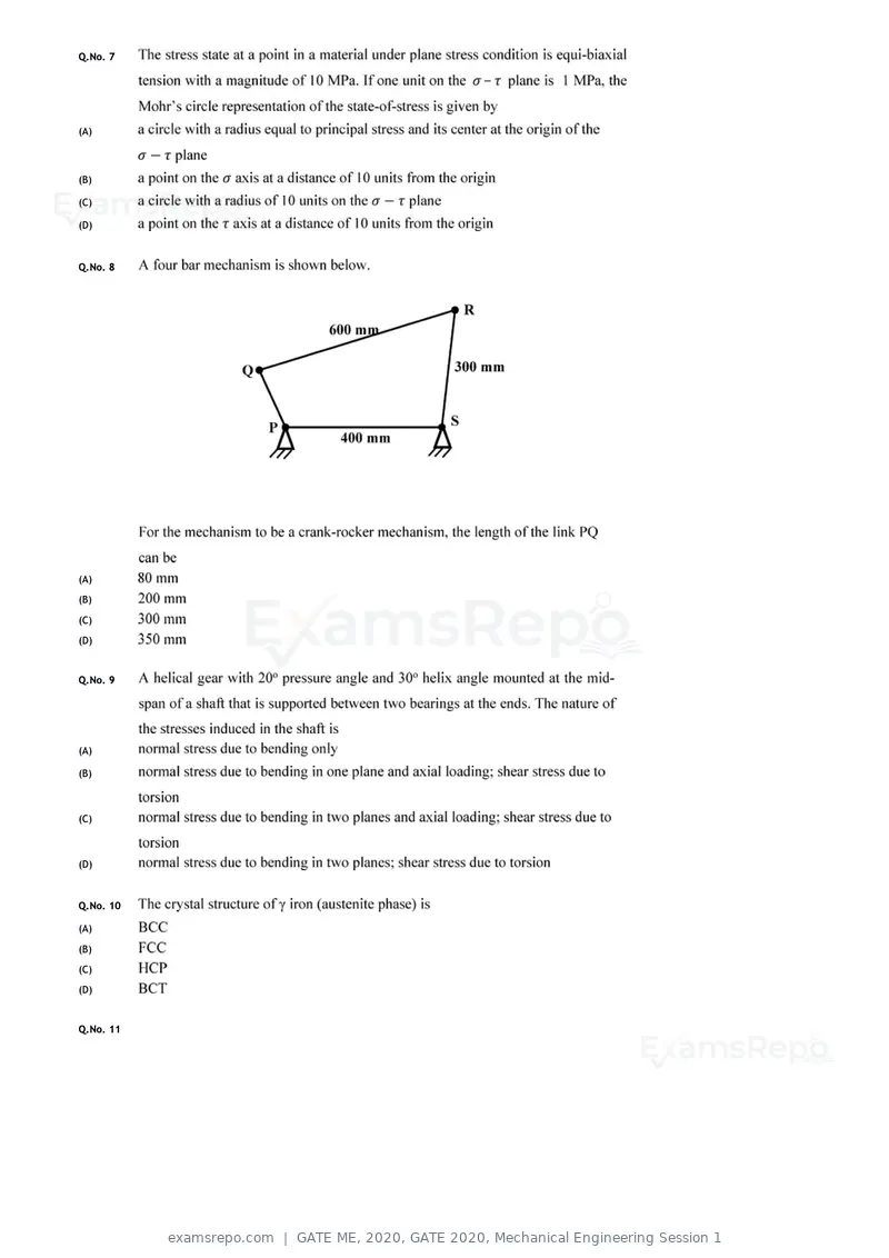 GATE ME 2020 question paper, GATE 2020, Mechanical Engineering Session 1, page 6 of 41