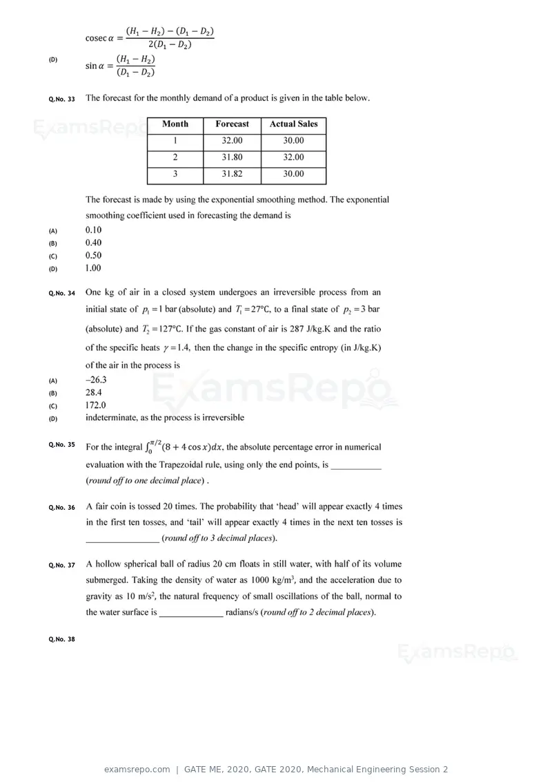 GATE ME 2020 question paper, GATE 2020, Mechanical Engineering Session 2, page 33 of 41